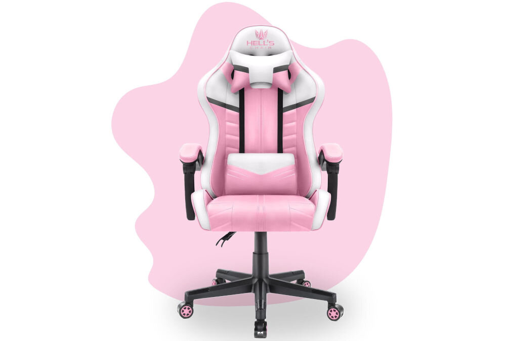 Fotel HELL'S CHAIR HC-1004 Kids Różowo-biało-szary prezentacja fotela od przodu na różowo-białym tle solidna konstrukcja wypełnienie z termo-elastycznej pianki Free Air zimnej pianki CF sprzyja utrzymaniu prawidłowej postawy