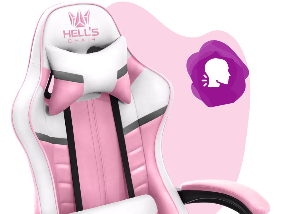 Fotel HELL'S CHAIR HC-1004 Kids Różowo-biało-szary zbliżenie na oparcie i poduszkę na różowo-białym tle ikona wyprofilowana poduszka wsparcie głowy i mięśni karku komfort suwak indywidualny poziom miękkości