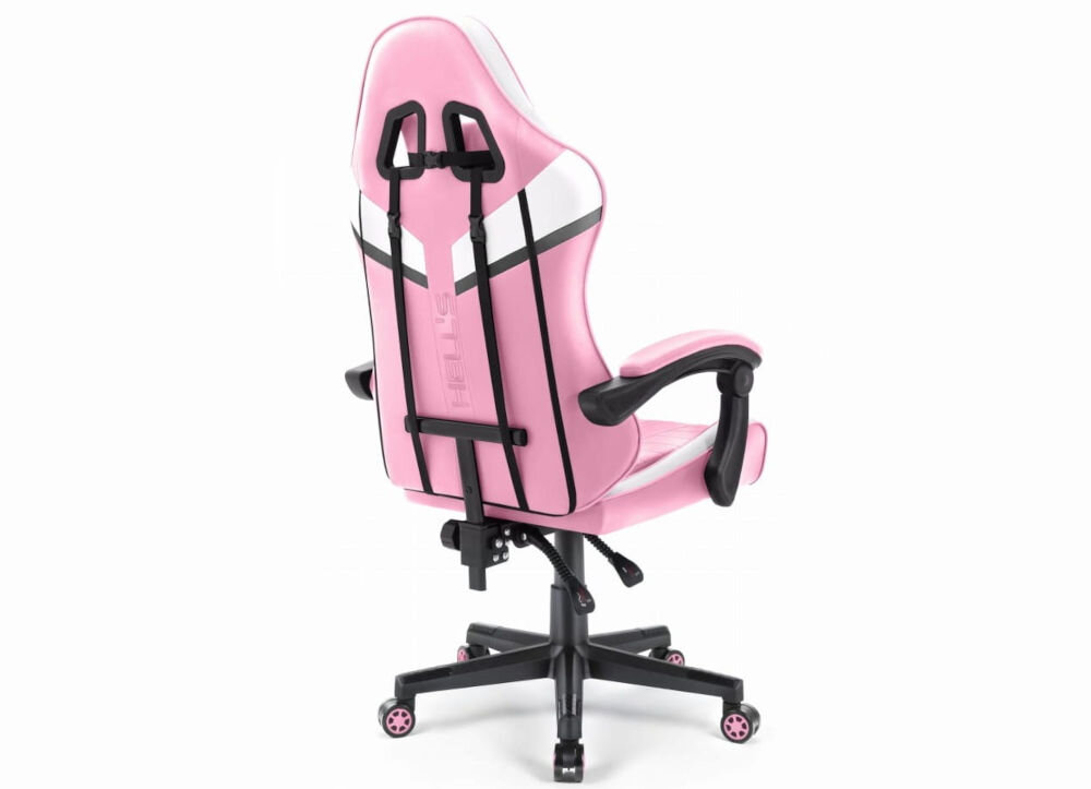 Fotel HELL'S CHAIR HC-1004 Kids Różowo-biało-szary prezentacja fotela od tyłu na białym tle wyprofilowany kształt oparcia zapobieganie dolegliwościom bólowym kręgosłupa utrzymanie prawidłowej postawy komfort