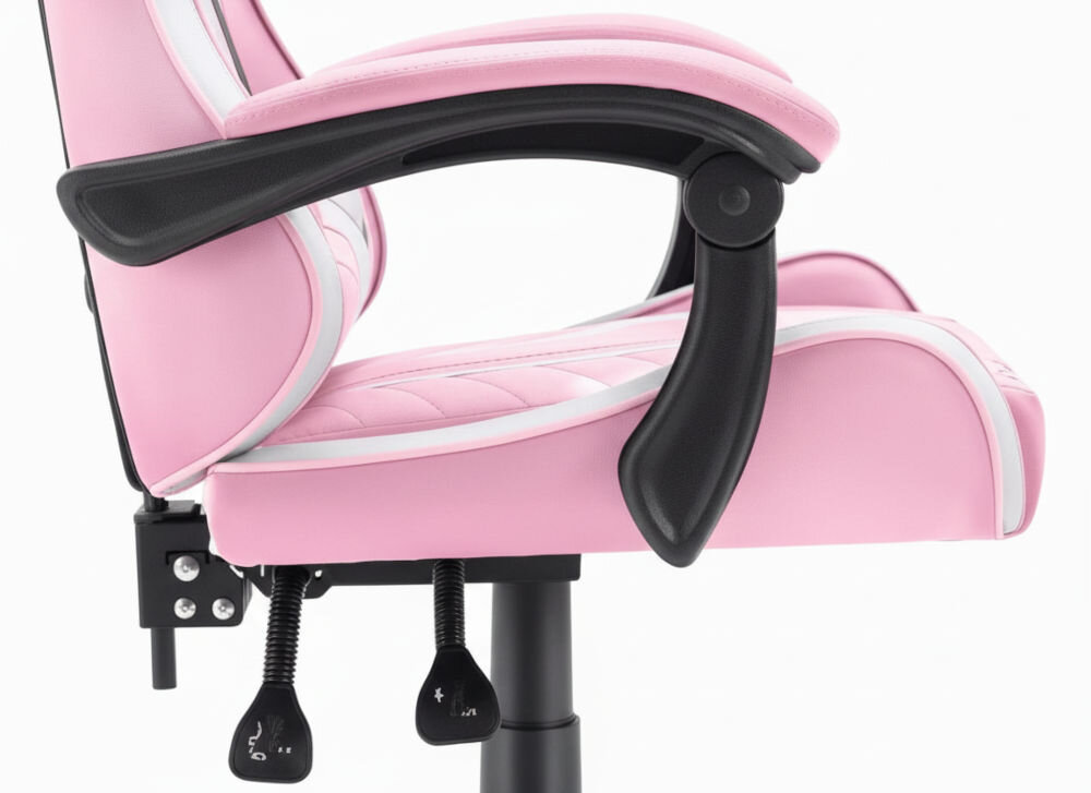 Fotel HELL'S CHAIR HC-1004 Kids Różowo-biało-szary zbliżenie na podłokietniki białe tło miękkie wypełnienie solidne podparcie spójna stylistyka komfort przedramion