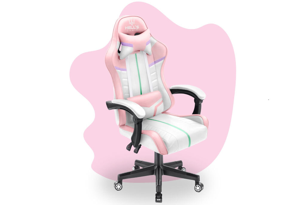 Fotel gamingowy w kolorach różowym i białym z podłokietnikami oraz regulowanym oparciem. Na zagłówku widoczne jest logo \'HELL\'S CHAIR\'.