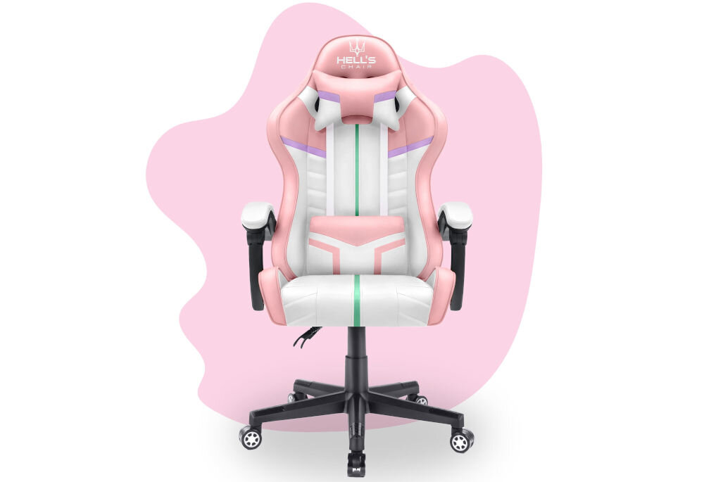 Fotel gamingowy w kolorach różowym i białym z logo \'HELL\'S CHAIR\' na zagłówku. Posiada podłokietniki, poduszkę lędźwiową i podstawę na kółkach.