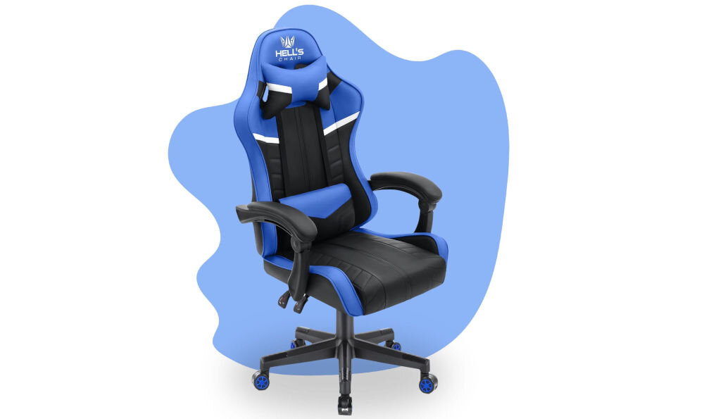 Fotel HELL'S CHAIR HC-1004 Kids Czarno-niebieski prezentacja fotela od przodu pod kątem na niebiesko-białym tle wyróżniający się design komfort elegancka forma