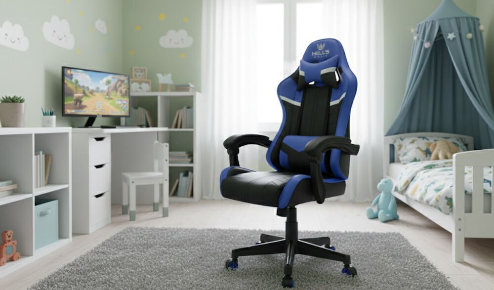 Fotel HELL'S CHAIR HC-1004 Kids Czarno-niebieski prezentacja fotela pod kątem w pokoju dziecięcym
