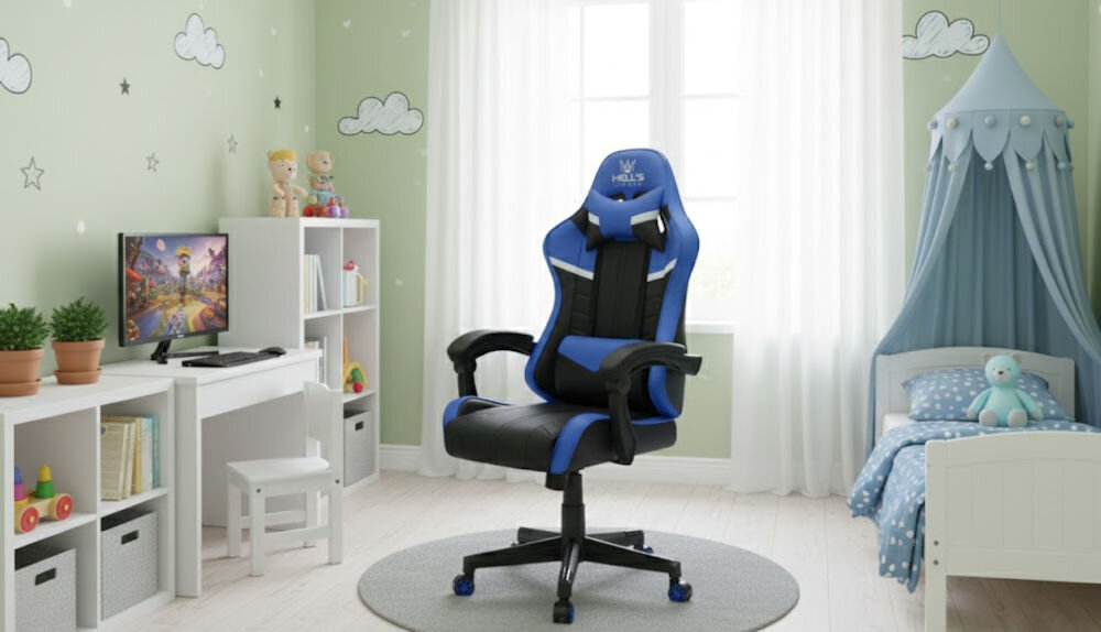 Fotel HELL'S CHAIR HC-1004 Kids Czarno-niebieski prezentacja fotela pod kątem w pokoju dziecięcym wzrost optymalne dopasowanie podparcie ciała komfort