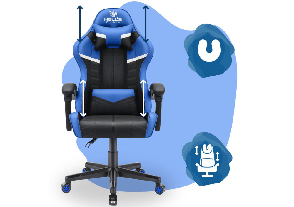 Fotel HELL'S CHAIR HC-1004 Kids Czarno-niebieski prezentacja fotela na niebiesko-białym tle strzałkami zaznaczona możliwość regulacji poduszek ikony poduszka lędźwiowa poduszka wspierająca mięśnie karku odpowiednie podparcie dla ciała komfort suwak wymiana wypełnienia indywidualne potrzeby