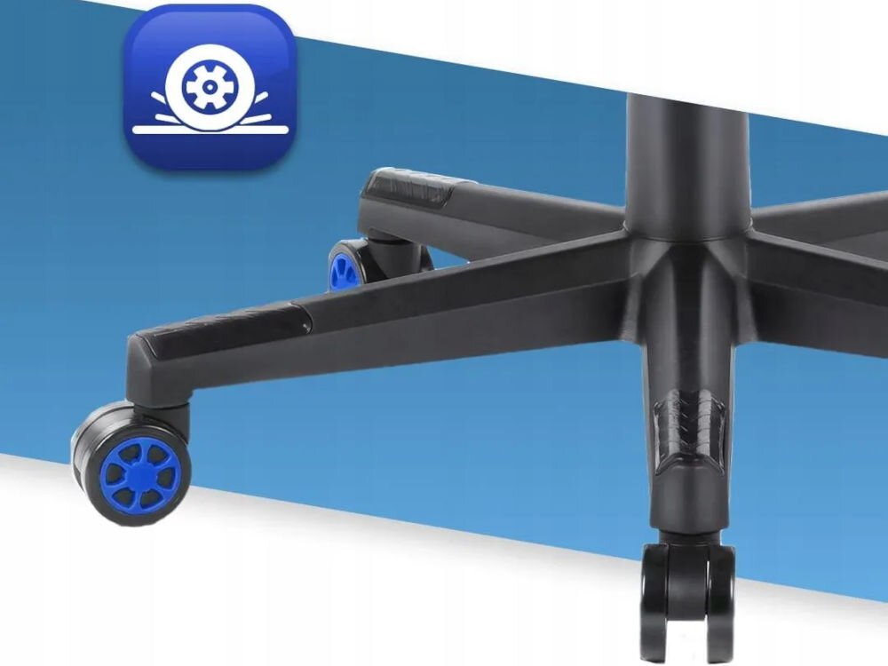 Fotel HELL'S CHAIR HC-1004 Kids Czarno-niebieski zbliżenie na kółka na niebiesko-białym tle ikona kółek poliuretanowo-kauczukowa powłoka cicha i płynna praca ochrona podłogi