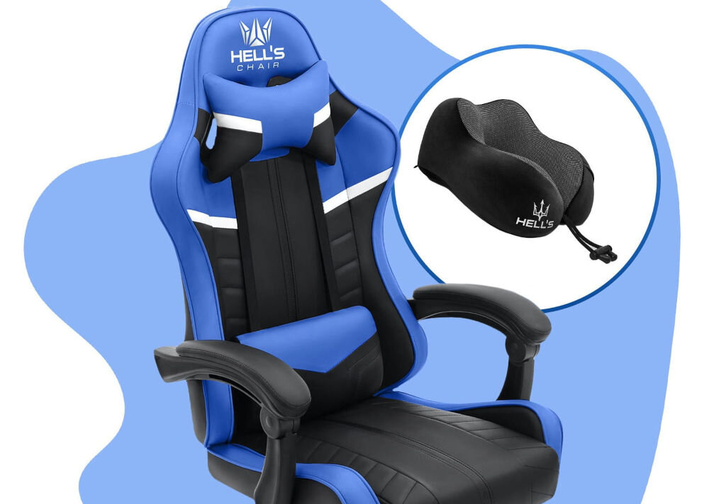 Fotel HELL'S CHAIR HC-1004 Kids Czarno-niebieski prezentacja fotela pod kątem na niebiesko-białym tle oraz poduszki Memory U profilowana poduszka pianka Memory Foam dopasowanie do kształtu podniesienie poziomu komfortu