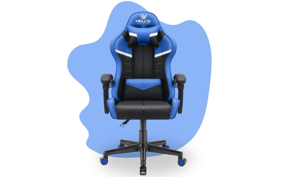 Fotel HELL'S CHAIR HC-1004 Kids Czarno-niebieski prezentacja fotela od przodu na niebiesko-białym tle solidna konstrukcja wypełnienie z termo-elastycznej pianki Free Air zimnej pianki CF sprzyja utrzymaniu prawidłowej postawy