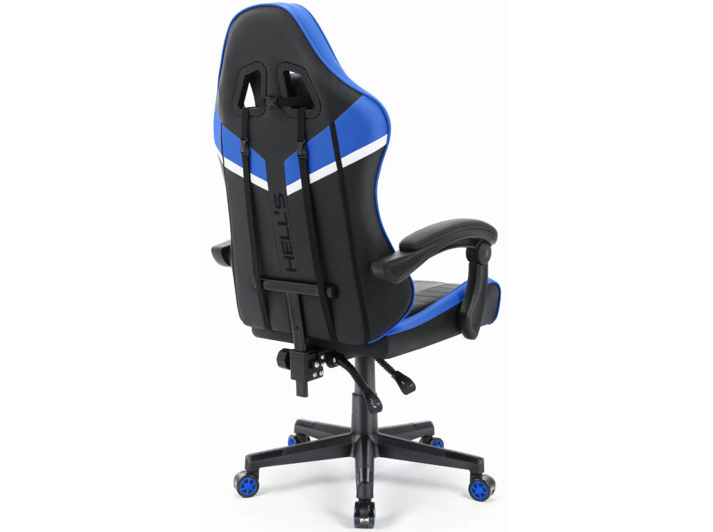 Fotel HELL'S CHAIR HC-1004 Kids Czarno-niebieski prezentacja fotela od tyłu na białym tle wyprofilowany kształt oparcia zapobieganie dolegliwościom bólowym kręgosłupa utrzymanie prawidłowej postawy komfort