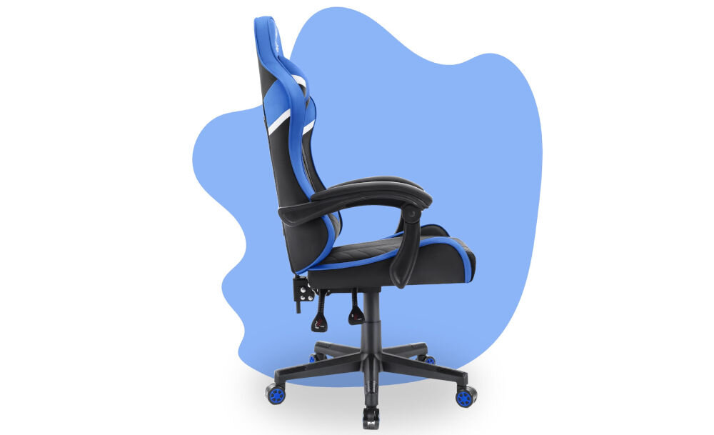 Fotel HELL'S CHAIR HC-1004 Kids Czarno-niebieski prezentacja fotela od boku na niebiesko-białym tle płynnie regulowana wysokość siedziska prawidłowa cyrkulacja krwi redukcja uczucia zmęczenia nóg podnośnik gazowy certyfikat SGS