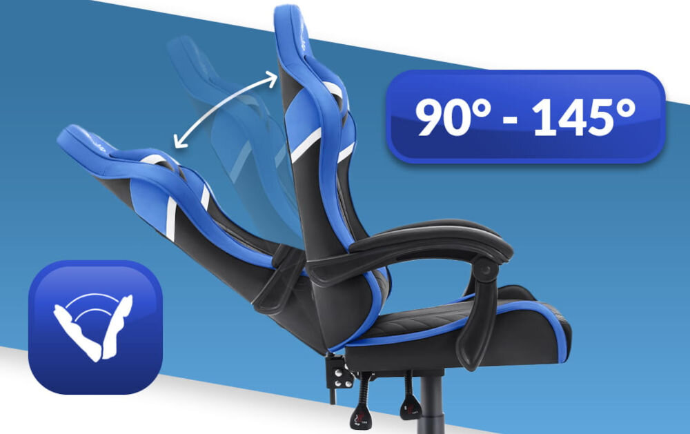 Fotel HELL'S CHAIR HC-1004 Kids Czarno-niebieski prezentacja fotela od boku i jego możliwej regulacji na niebiesko-białym tle płynna regulacja kąta pochylenia oparcia zakres wygodna dźwignia optymalna pozycja dla komfortu