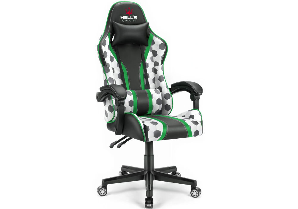 Fotel gamingowy HELL'S CHAIR HC 1005 Futbol Piłka Nożna prezentacja fotela od przodu pod kątem na jasnym tle wyróżniający się design komfort elegancka forma