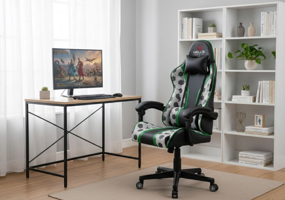 Fotel gamingowy HELL'S CHAIR HC 1005 Futbol Piłka Nożna prezentacja fotela przy biurku do 120 kg bezpieczne stabilne użytkowanie trwałość wygoda