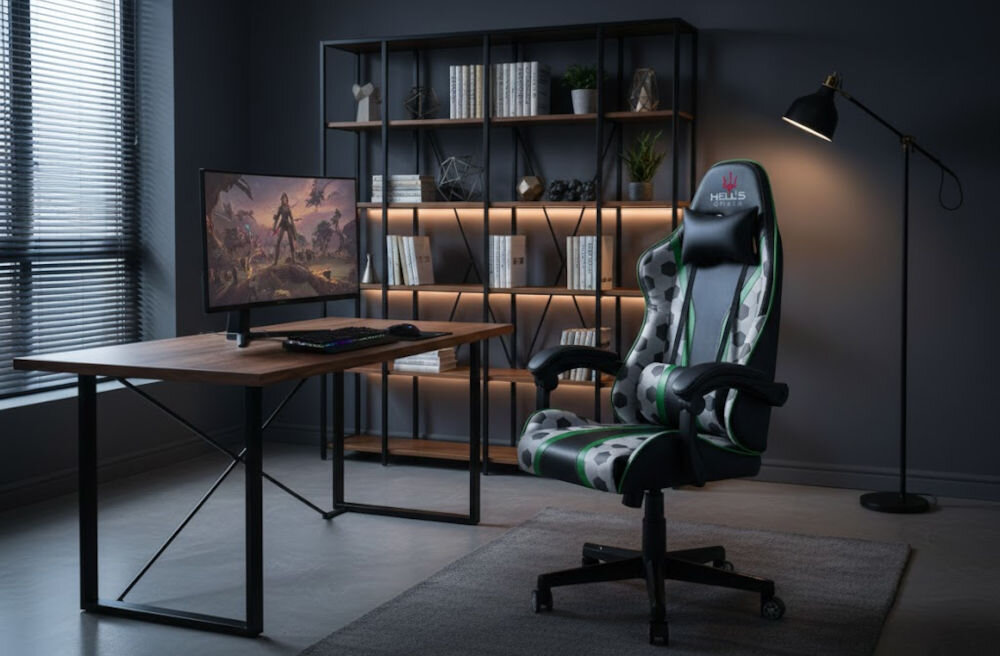 Fotel gamingowy HELL'S CHAIR HC 1005 Futbol Piłka Nożna prezentacja fotela przy biurku wzrost optymalne dopasowanie podparcie ciała komfort