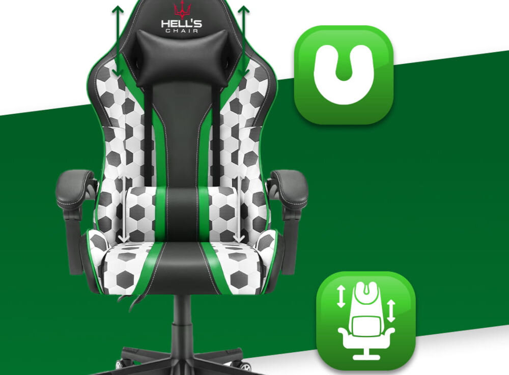 Fotel gamingowy HELL'S CHAIR HC 1005 Futbol Piłka Nożna prezentacja fotela na zielono-białym tle strzałkami zaznaczona możliwość regulacji poduszek ikony poduszka lędźwiowa poduszka wspierająca mięśnie karku odpowiednie podparcie dla ciała komfort suwak wymiana wypełnienia indywidualne potrzeby