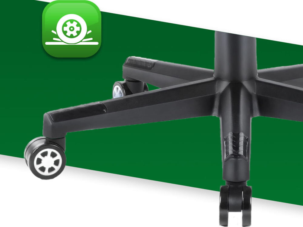 Fotel gamingowy HELL'S CHAIR HC 1005 Futbol Piłka Nożna zbliżenie na kółka na zielono-białym tle ikona kółek poliuretanowo-kauczukowa powłoka cicha i płynna praca ochrona podłogi