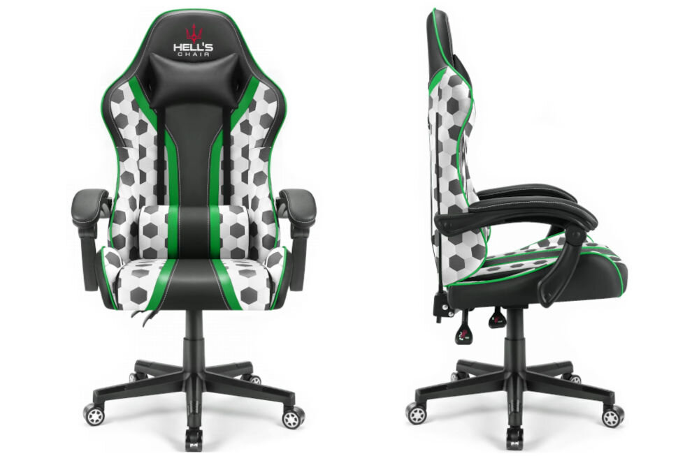 Fotel gamingowy HELL'S CHAIR HC 1005 Futbol Piłka Nożna prezentacja fotela od przodu i boku na białym tle stabilność wymiary