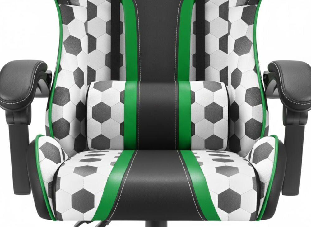 Fotel gamingowy HELL'S CHAIR HC 1005 Futbol Piłka Nożna zbliżenie na siedzisko i poduszkę fotela jasne tło dbałość o elementy trwała i praktyczna ekoskóra HDPL profilowana poduszka pod lędźwie tapicerowane podłokietniki