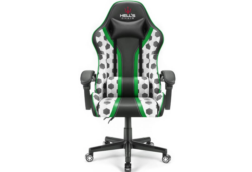 Fotel gamingowy HELL'S CHAIR HC 1005 Futbol Piłka Nożna prezentacja fotela od przodu na jasnym tle solidna konstrukcja wypełnienie z termo-elastycznej pianki Free Air zimnej pianki CF sprzyja utrzymaniu prawidłowej postawy