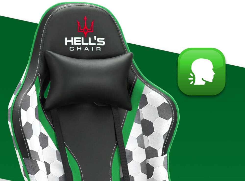 Fotel gamingowy HELL'S CHAIR HC 1005 Futbol Piłka Nożna zbliżenie na oparcie i poduszkę na zielono-białym tle ikona wyprofilowana poduszka wsparcie głowy i mięśni karku komfort suwak indywidualny poziom miękkości