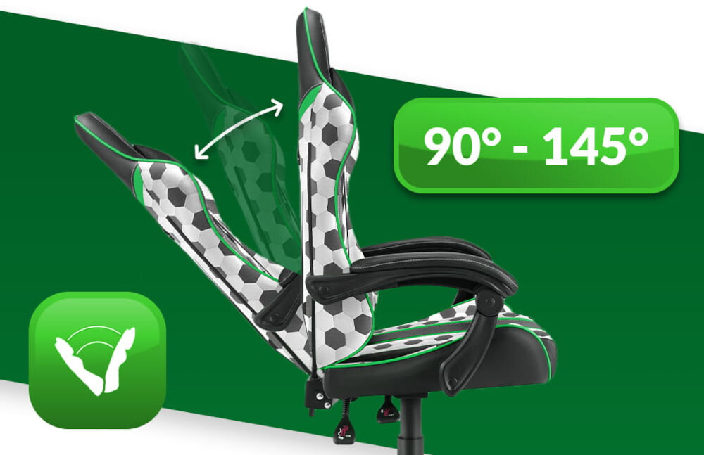 Fotel gamingowy HELL'S CHAIR HC 1005 Futbol Piłka Nożna prezentacja fotela od boku i jego możliwej regulacji na zielono-białym tle płynna regulacja kąta pochylenia oparcia zakres wygodna dźwignia optymalna pozycja dla komfortu