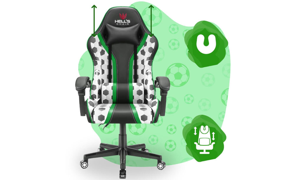 Fotel gamingowy w kolorach czarno-zielonym z motywem piłki nożnej, z logo \'HELL\'S CHAIR\' na zagłówku. W tle zielona grafika z piłkami i ikonami regulacji wysokości oraz podparcia.