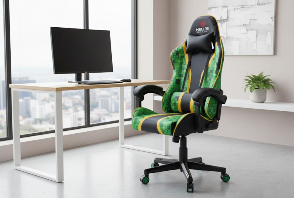 Na obrazie znajduje się zielono-czarny fotel gamingowy z napisem \'HELL\'S CHAIR\' na zagłówku, ustawiony obok biurka z monitorem. W tle widoczne są duże okna z widokiem na miasto oraz roślina w doniczce na biurku.