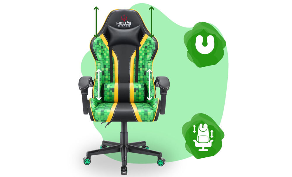 Fotel gamingowy w kolorach zielonym i czarnym z pikselowym wzorem oraz żółtymi paskami. Na oparciu widoczne jest logo \'HELL\'S CHAIR\'.