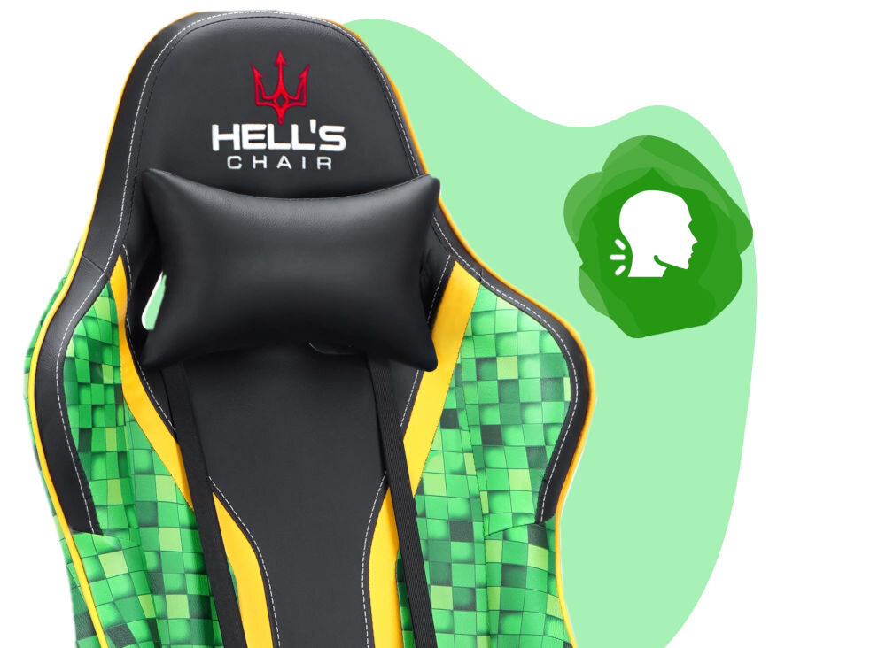 Fotel gamingowy z zielono-czarnym wzorem w kratkę i żółtymi akcentami, z widocznym logo \'HELL\'S CHAIR\'. Obok fotela znajduje się zielona ikona z białym profilem głowy.