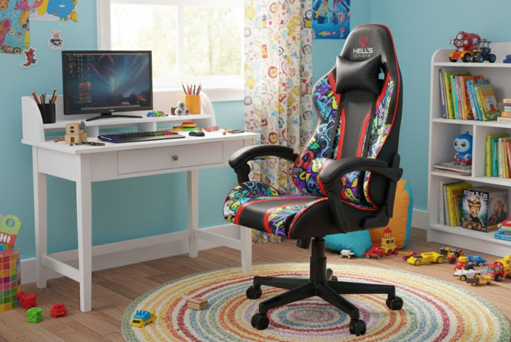 Kolorowy fotel gamingowy z napisem \'HELL\'S CHAIR\' stoi w dziecięcym pokoju obok biurka z komputerem i półki z książkami. Na podłodze leży okrągły dywan, a wokół rozrzucone są zabawki.