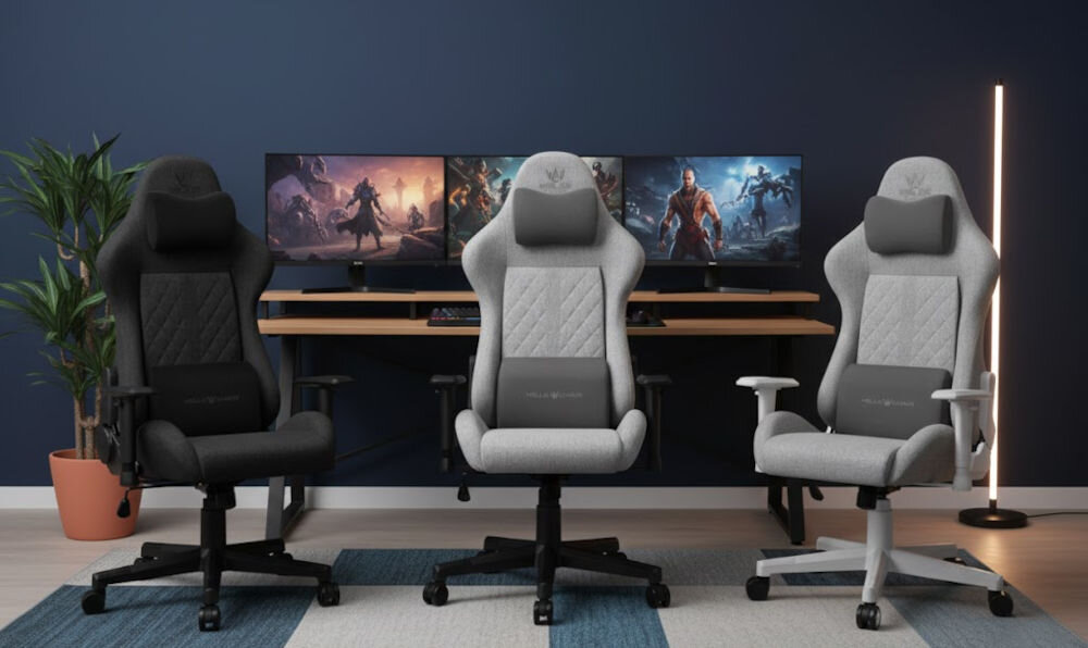 Fotel gamingowy HELL'S CHAIR HC 1006 Czarny  prezentacja różnych wariantów kolorystycznych fotela w pokoju przed biurkiem