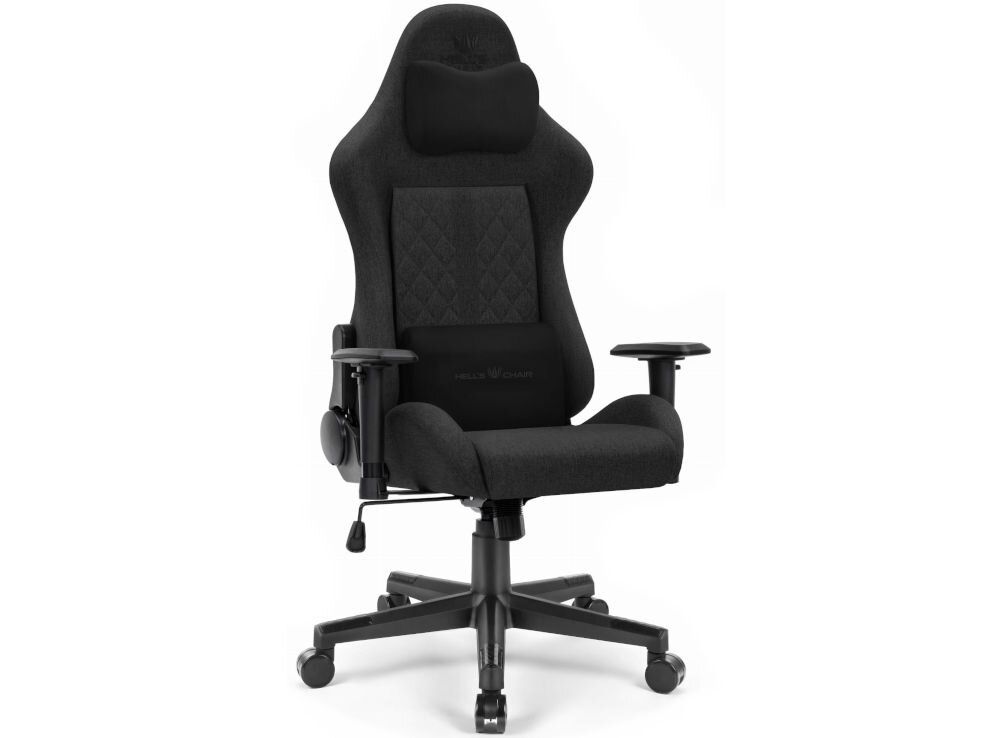 Fotel gamingowy HELL'S CHAIR HC 1006 Czarny  prezentacja fotela od przodu pod kątem na jasnym tle dopracowany i subtelny design komfort elegancka forma regulowane podłokietniki