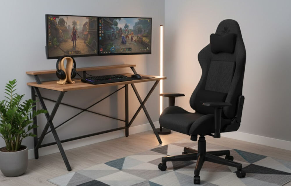 Fotel gamingowy HELL'S CHAIR HC 1006 Czarny  prezentacja fotela w pokoju przy biurku do 120 kg bezpieczne stabilne użytkowanie trwałość wygoda