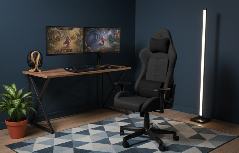 Fotel gamingowy HELL'S CHAIR HC 1006 Czarny  prezentacja fotela przed biurkiem w pokoju wzrost optymalne dopasowanie podparcie ciała komfort