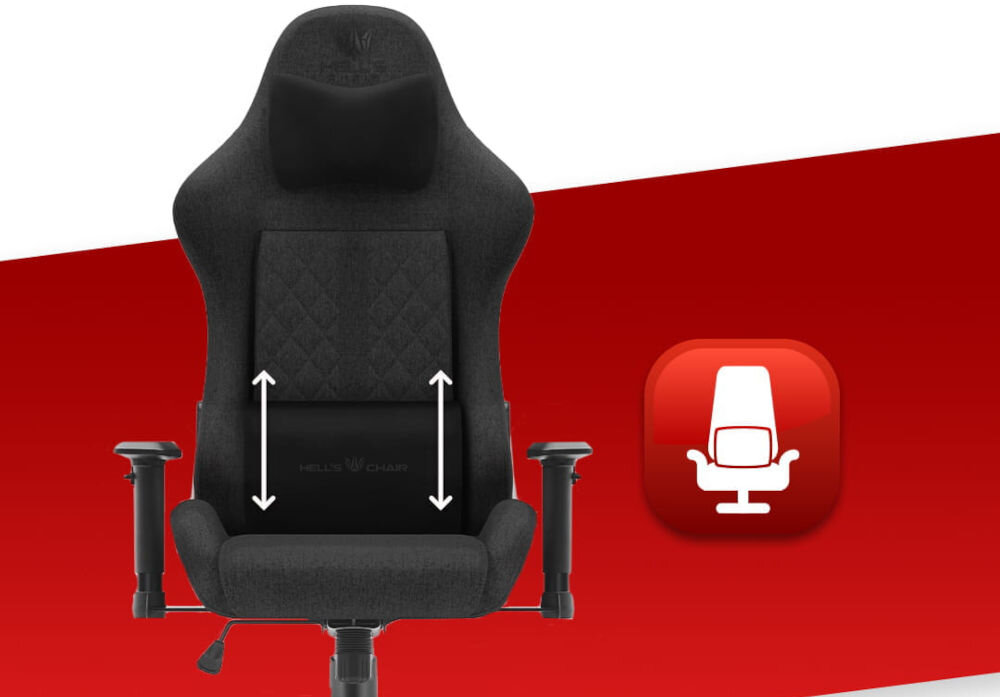 Fotel gamingowy HELL'S CHAIR HC 1006 Czarny  prezentacja fotela na czerwono-białym tle strzałkami zaznaczona możliwość regulacji poduszek ikony poduszka lędźwiowa poduszka wspierająca mięśnie karku odpowiednie podparcie dla ciała komfort suwak wymiana wypełnienia indywidualne potrzeby
