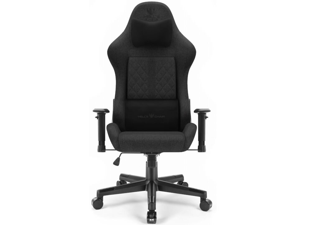 Fotel gamingowy HELL'S CHAIR HC 1006 Czarny  prezentacja fotela od przodu na jasnym tle solidna konstrukcja wypełnienie z termo-elastycznej pianki Free Air zimnej pianki CF sprzyja utrzymaniu prawidłowej postawy