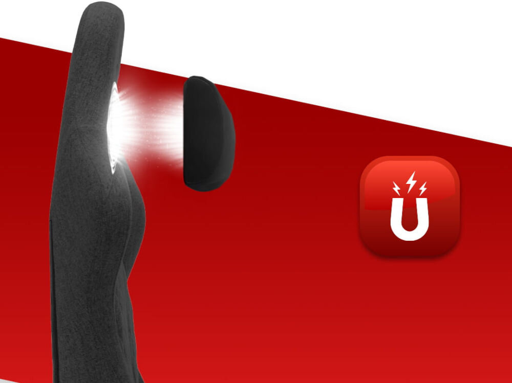 Fotel gamingowy HELL'S CHAIR HC 1006 Czarny  zbliżenie na oparcie od boku i pokazanie magnetycznej poduszki na czerwono-białym tle ikona wyprofilowana poduszka wsparcie głowy i mięśni karku komfort suwak indywidualny poziom miękkości magnes