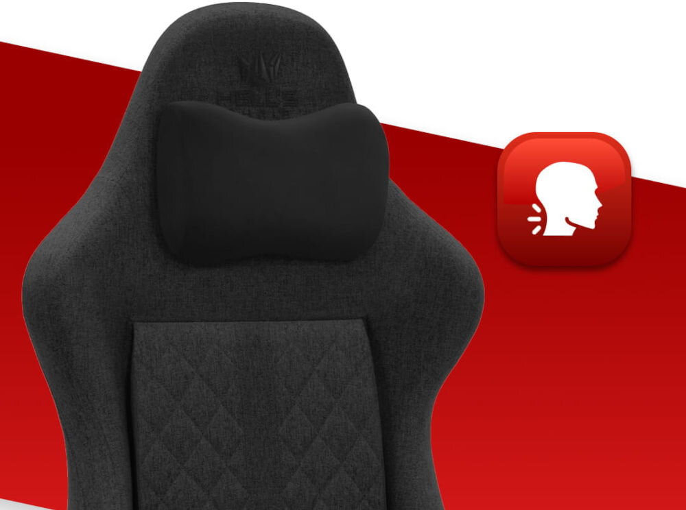 Fotel gamingowy HELL'S CHAIR HC 1006 Czarny  zbliżenie na oparcie i poduszkę na czerwono-białym tle ikona wyprofilowany kształt oparcia zapobieganie dolegliwościom bólowym kręgosłupa utrzymanie prawidłowej postawy komfort