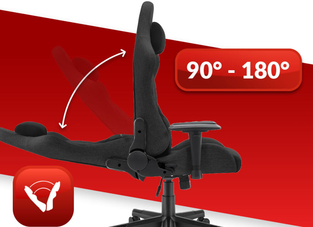 Fotel gamingowy HELL'S CHAIR HC 1006 Czarny  prezentacja fotela od boku i jego możliwej regulacji na czerwono-białym tle płynna regulacja kąta pochylenia oparcia zakres wygodna dźwignia optymalna pozycja dla komfortu TILT swobodne bujanie
