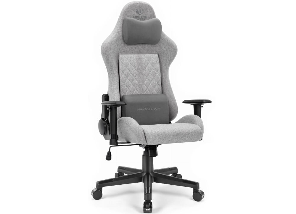 Fotel gamingowy HELL'S CHAIR HC 1006 Szary prezentacja fotela od przodu pod kątem na jasnym tle dopracowany i subtelny design komfort elegancka forma regulowane podłokietniki