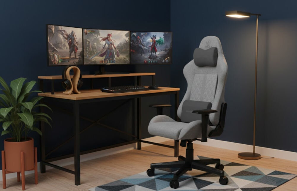 Fotel gamingowy HELL'S CHAIR HC 1006 Szary prezentacja fotela w pokoju przy biurku do 120 kg bezpieczne stabilne użytkowanie trwałość wygoda