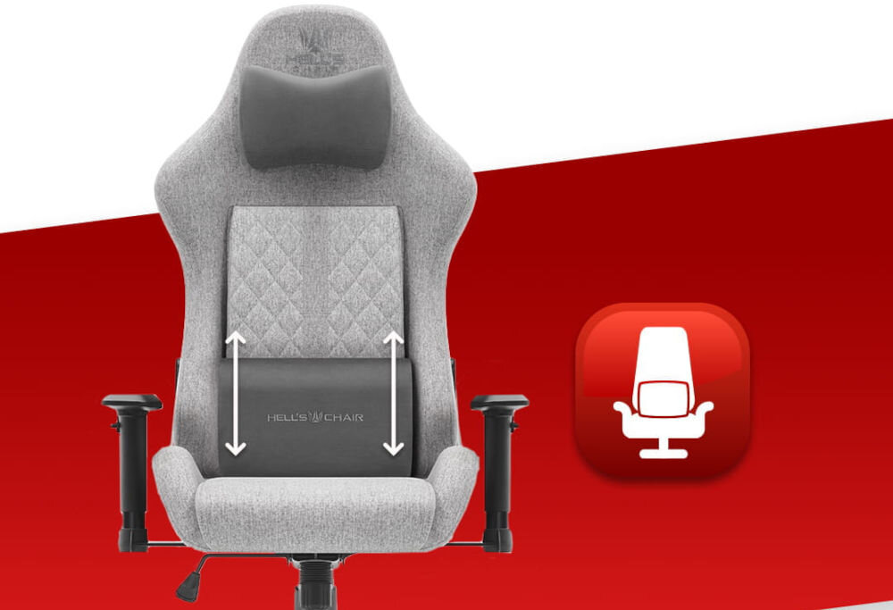Fotel gamingowy HELL'S CHAIR HC 1006 Szary prezentacja fotela na czerwono-białym tle strzałkami zaznaczona możliwość regulacji poduszek ikony poduszka lędźwiowa poduszka wspierająca mięśnie karku odpowiednie podparcie dla ciała komfort suwak wymiana wypełnienia indywidualne potrzeby