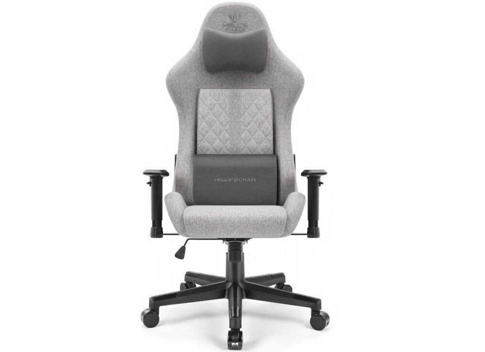 Fotel gamingowy HELL'S CHAIR HC 1006 Szary prezentacja fotela od przodu na jasnym tle solidna konstrukcja wypełnienie z termo-elastycznej pianki Free Air zimnej pianki CF sprzyja utrzymaniu prawidłowej postawy
