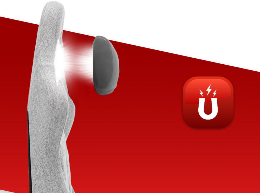 Fotel gamingowy HELL'S CHAIR HC 1006 Szary zbliżenie na oparcie od boku i pokazanie magnetycznej poduszki na czerwono-białym tle ikona wyprofilowana poduszka wsparcie głowy i mięśni karku komfort suwak indywidualny poziom miękkości magnes