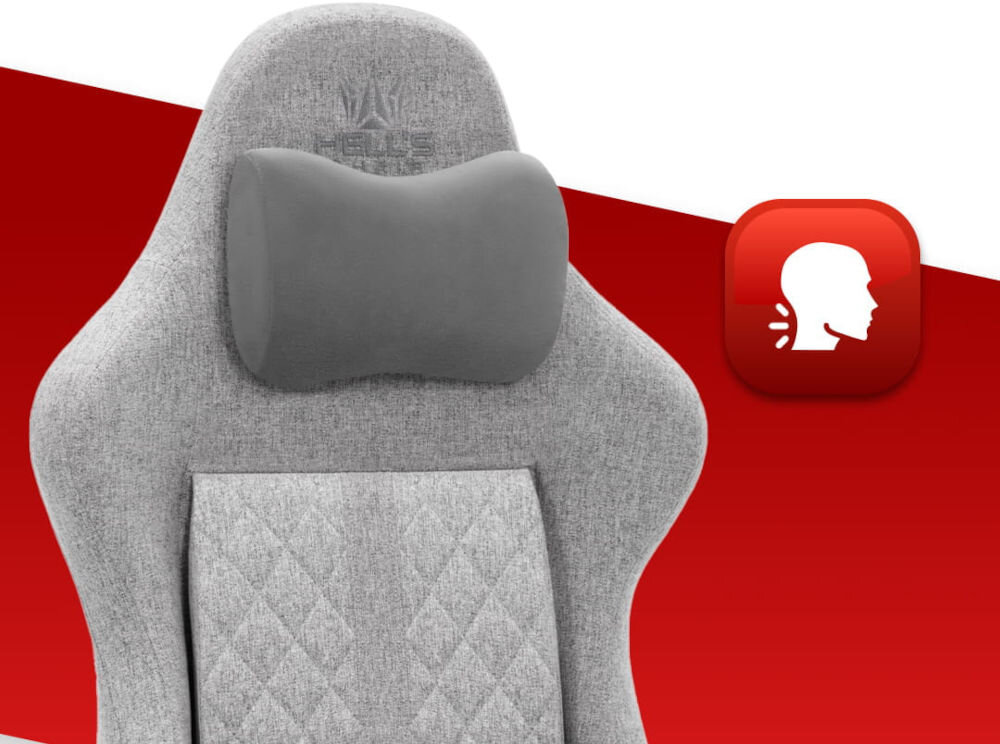 Fotel gamingowy HELL'S CHAIR HC 1006 Szary zbliżenie na oparcie i poduszkę na czerwono-białym tle ikona wyprofilowany kształt oparcia zapobieganie dolegliwościom bólowym kręgosłupa utrzymanie prawidłowej postawy komfort