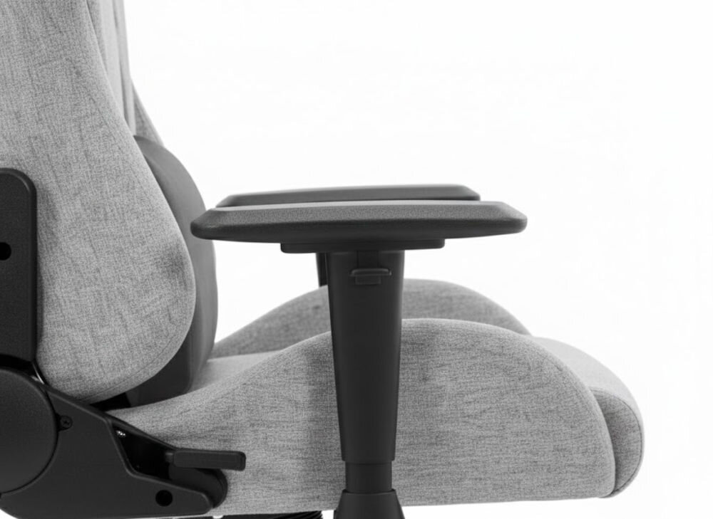 Fotel gamingowy HELL'S CHAIR HC 1006 Szary zbliżenie na podłokietniki jasne tło regulacja góra-dół prawo-lewo redukcja napięcia wygodna pozycja