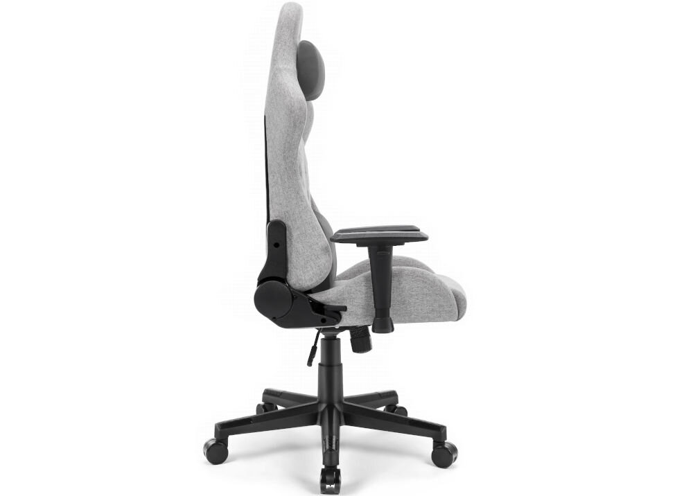 Fotel gamingowy HELL'S CHAIR HC 1006 Szary prezentacja fotela od boku na jasnym tle płynnie regulowana wysokość siedziska prawidłowa cyrkulacja krwi redukcja uczucia zmęczenia nóg podnośnik gazowy certyfikat SGS