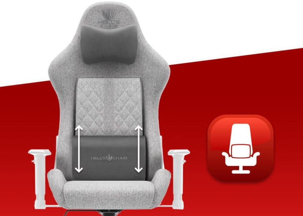 Fotel gamingowy HELL'S CHAIR HC 1006 Szaro-biały prezentacja fotela na czerwono-białym tle strzałkami zaznaczona możliwość regulacji poduszek ikony poduszka lędźwiowa poduszka wspierająca mięśnie karku odpowiednie podparcie dla ciała komfort suwak wymiana wypełnienia indywidualne potrzeby
