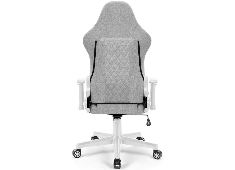 Fotel gamingowy HELL'S CHAIR HC 1006 Szaro-biały prezentacja fotela od tyłu na białym tle spełnia wymogi BHP i zasady ergonomii zgodność z przepisami komfort podczas wielogodzinnej pracy